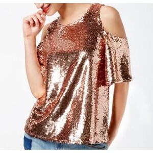 INC International Concepts Rose Gold Sequin Cold Shoulder Top Petite XL P/XL